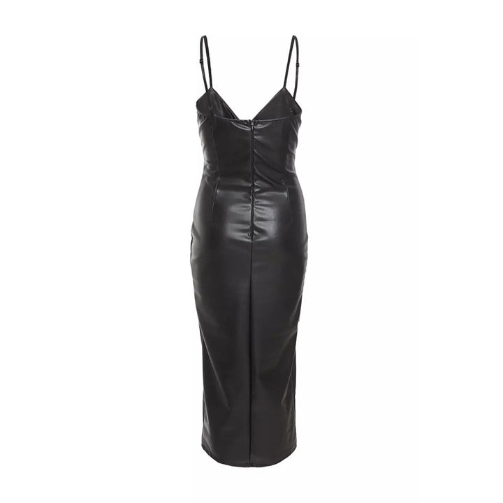 Damen Figurumspielendes Kunstleder-Midikleid mit tiefem V-Ausschnitt und seitlichem Schlitz Drune
