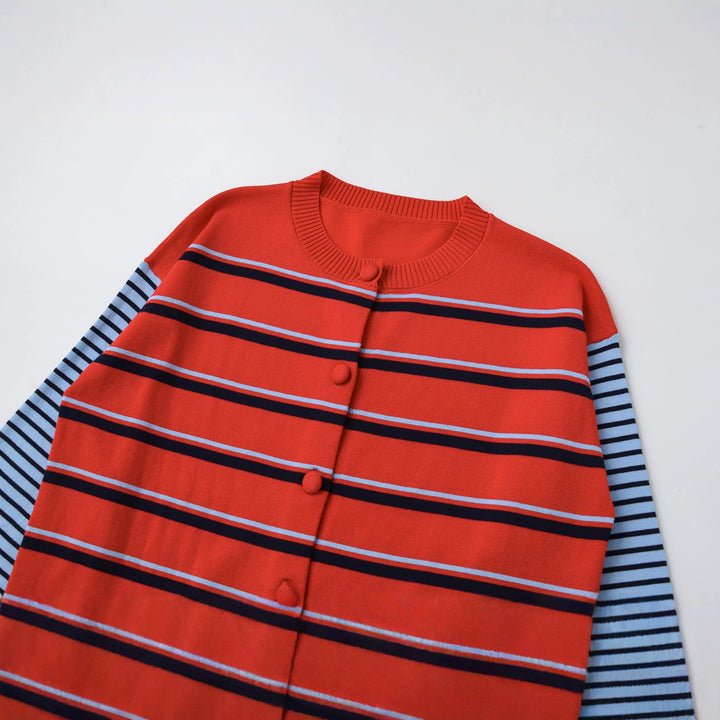 Damen Gestreifte Strickjacke mit Rundhals und Knopfverschluss Drune