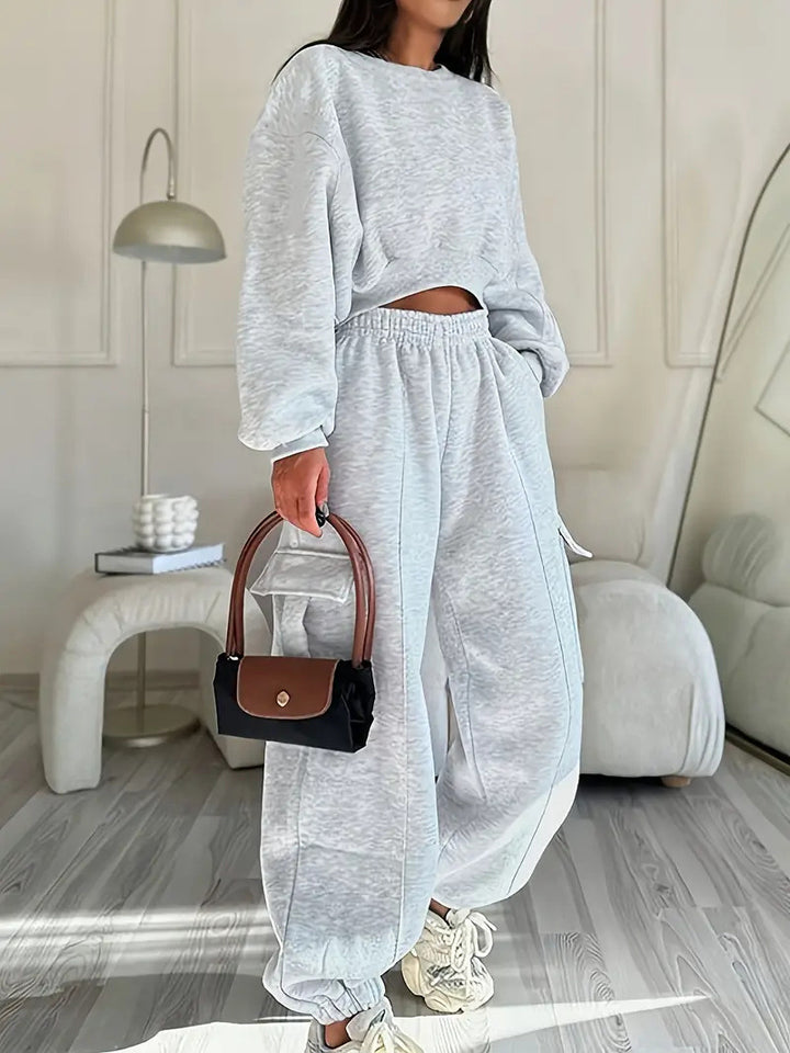 Damen Loungewear-Set mit kurzgeschnittenem Sweatshirt und weitem Cargo-Jogger mit elastischem Bund Drune