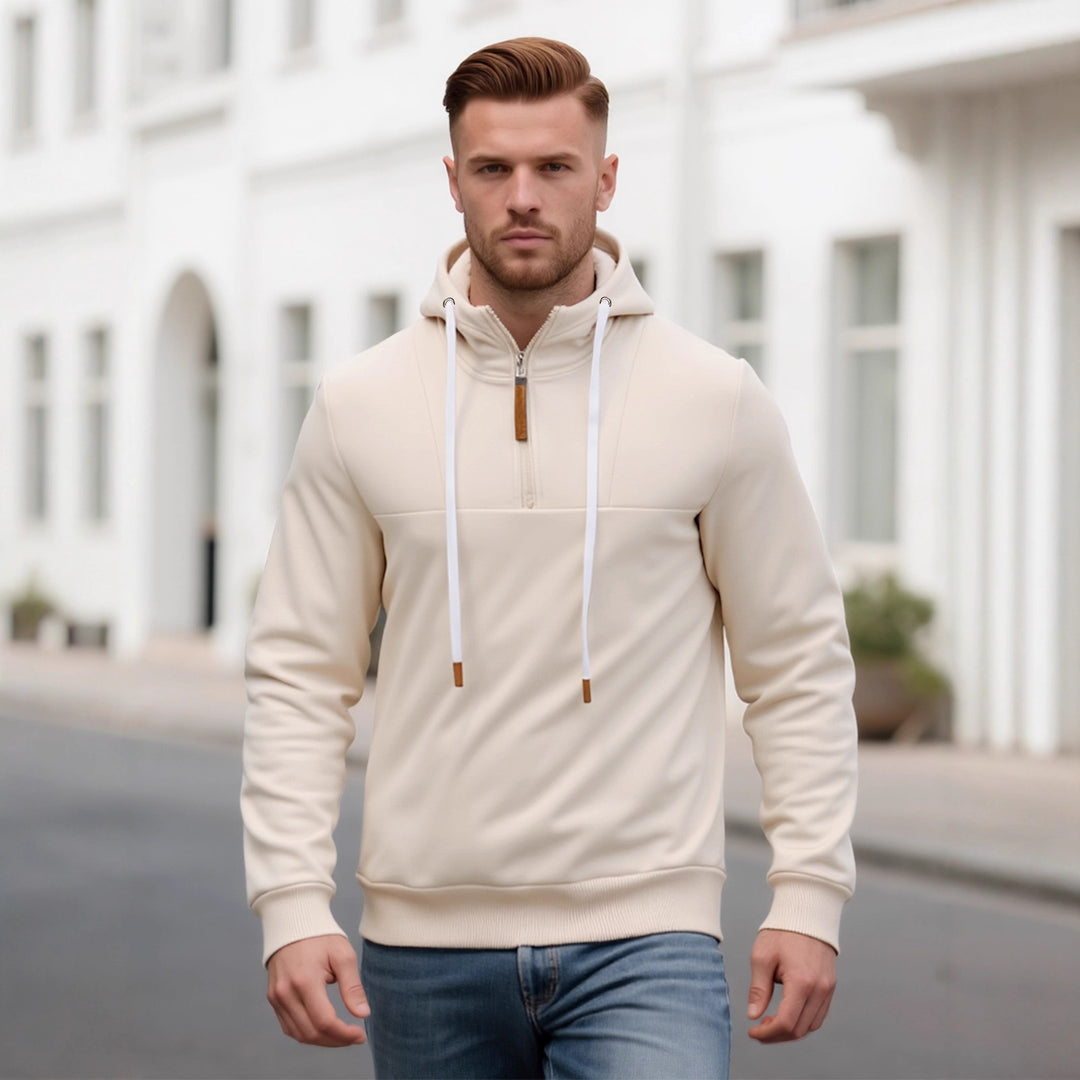 Herren Halbzip-Kapuzenpullover mit Stehkragen, Kordelzug und Lederdetails Drune