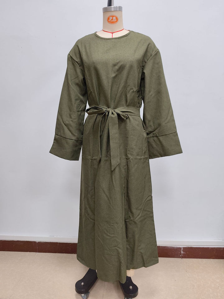 Damen Maxikleid aus Leinen-Mix mit Taillengürtel und weiten Manschellen Drune