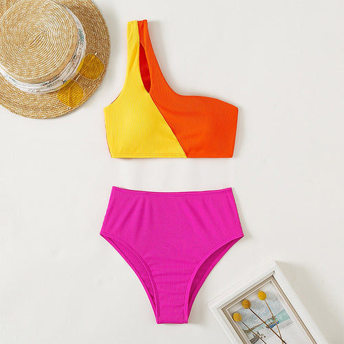 Damen Einseitiger Triangel-Bikini mit buntem Blockdesign Drune