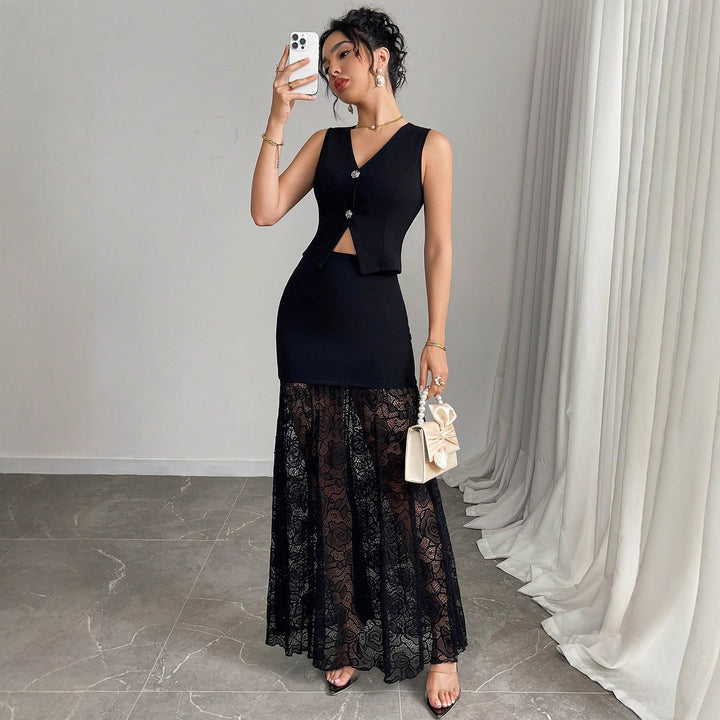 Damen nan zweiteiliges Abend-Set mit taillierter Weste und bodenlangem Spitzen-Overlay-Rock Drune