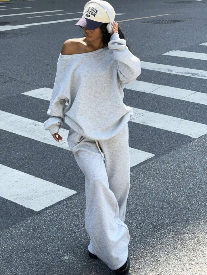 Damen Oversize Off-Shoulder Lounge-Set mit weitem Sweater und Palazzo-Jogger Drune