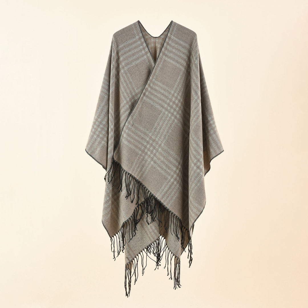 Damen Ruana-Poncho mit V‑Ausschnitt, kastigem Kimono-Fall und Fransensaum Drune