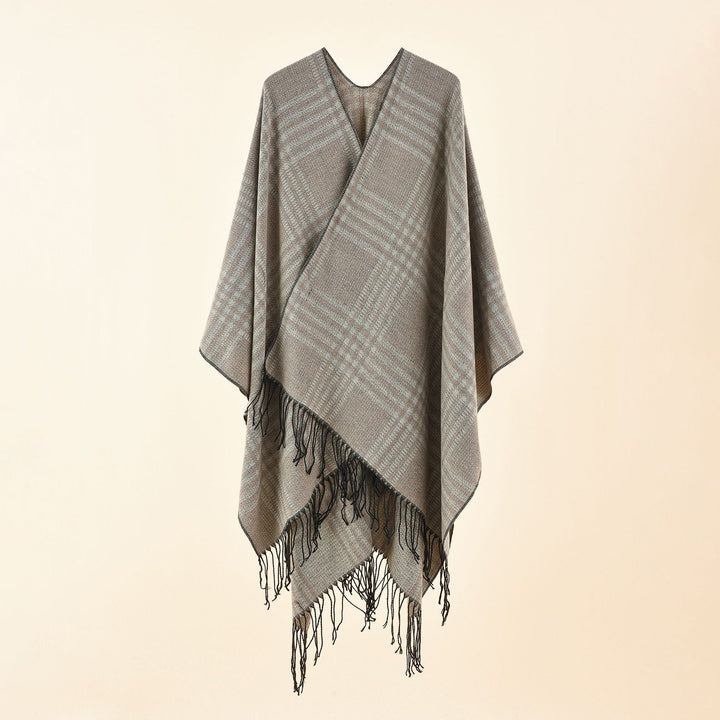 Damen Ruana-Poncho mit V‑Ausschnitt, kastigem Kimono-Fall und Fransensaum Drune