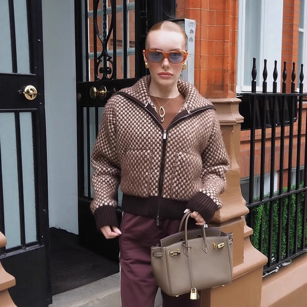 Damen Kurzgeschnittener Strick-Zipcardigan mit Kapuze und Strukturmuster Drune
