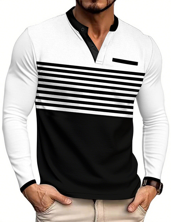 Herren nan modernes Langarm-Polo mit Henley-Blende gestreifter Brustpartie und Stehkragen Drune
