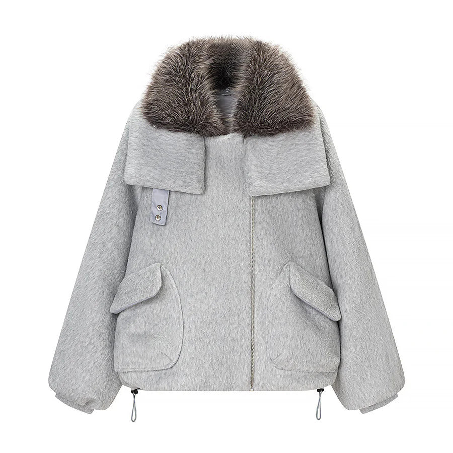 Damen nan kurze oversized Wollmixjacke mit voluminösem Kunstfellkragen und aufgesetzten Klappentaschen Drune
