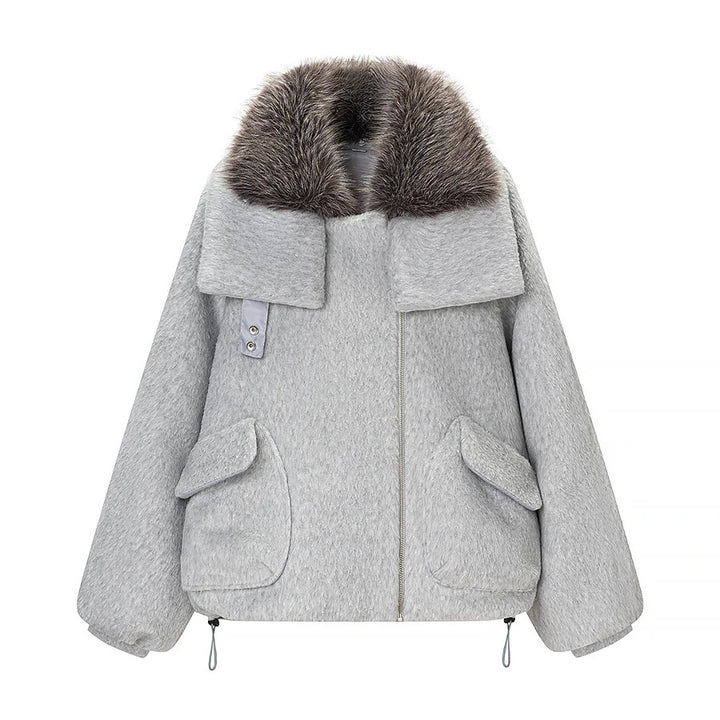 Damen nan kurze oversized Wollmixjacke mit voluminösem Kunstfellkragen und aufgesetzten Klappentaschen Drune