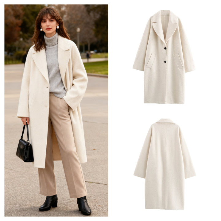 Damen Oversize Einreihiger Walkmantel mit breitem Revers und aufgesetzten Taschen Drune