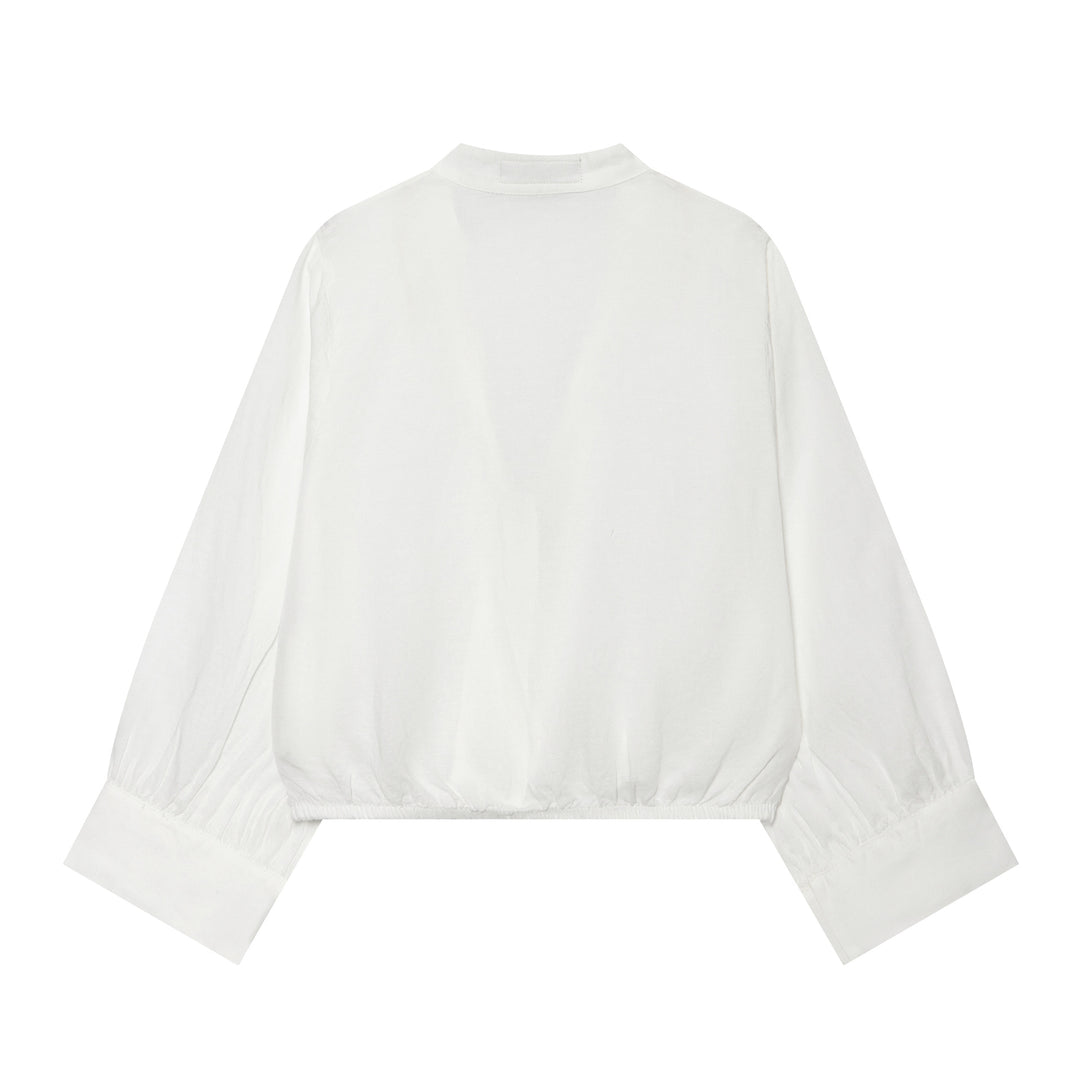 Damen Cropped-Bluse im Tai-Chi-Stil mit Stehkragen, Knotenverschlüssen und Ballonärmeln Drune