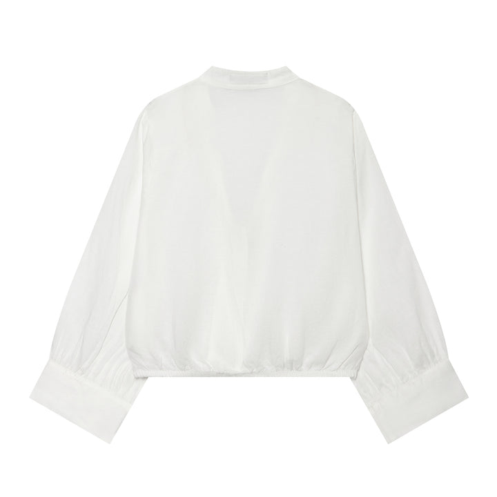 Damen Cropped-Bluse im Tai-Chi-Stil mit Stehkragen, Knotenverschlüssen und Ballonärmeln Drune