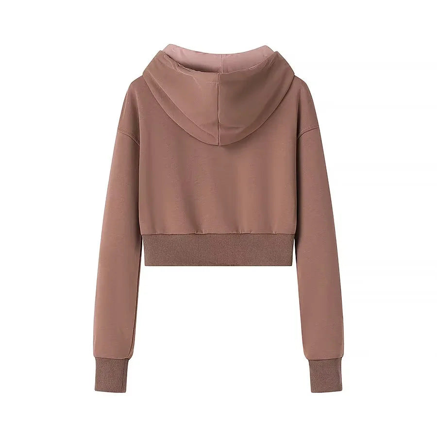 Damen nan cropped Kapuzenjacke mit durchgehendem Reißverschluss wattierter Kapuze und Kängurutaschen Drune