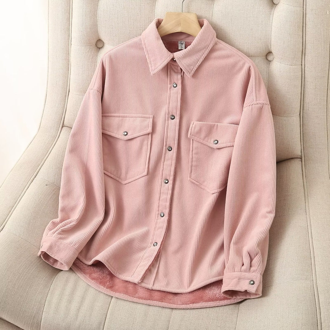 Damen nan oversized Cordhemdjacke mit wattiertem Teddyfutter, aufgesetzten Pattentaschen und Druckknopfleiste Drune