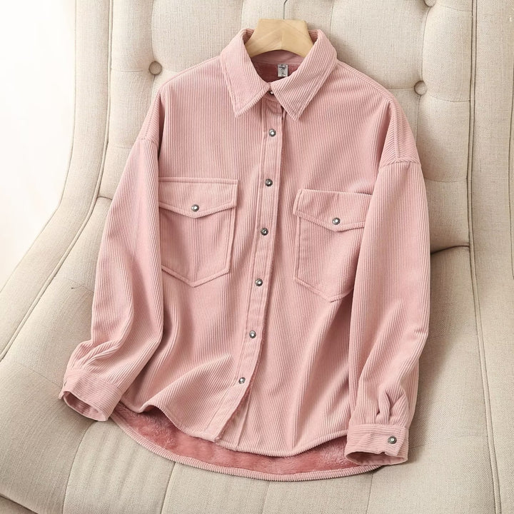 Damen nan oversized Cordhemdjacke mit wattiertem Teddyfutter, aufgesetzten Pattentaschen und Druckknopfleiste Drune