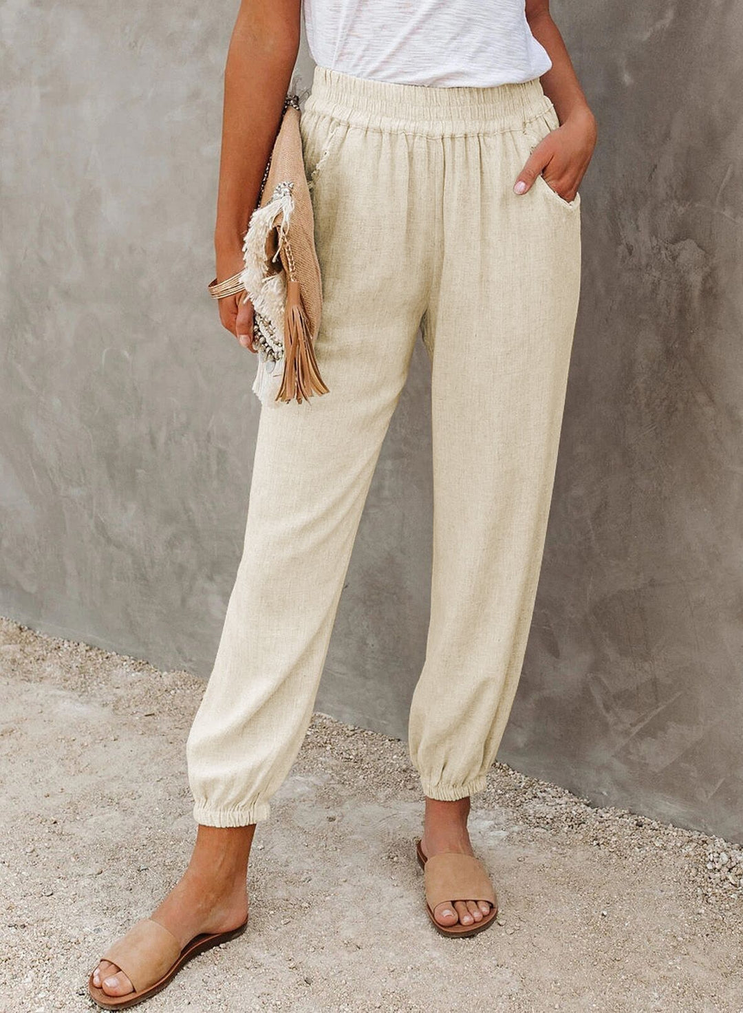 Damen lässige Leinen-Hose mit elastischem Bund und Gummizug Drune