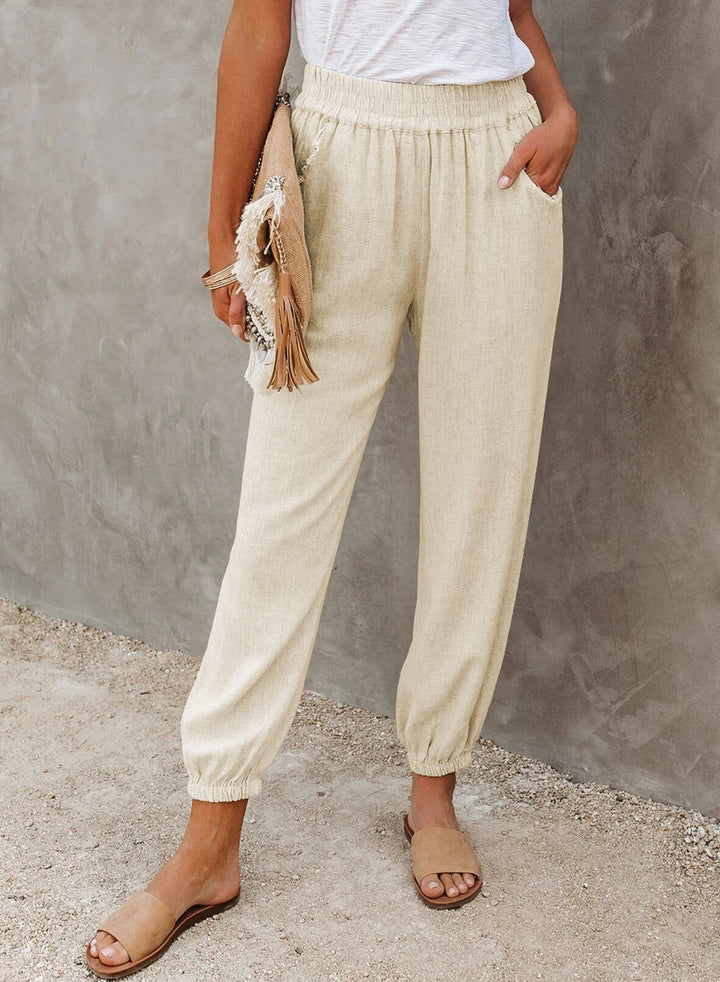 Damen lässige Leinen-Hose mit elastischem Bund und Gummizug Drune