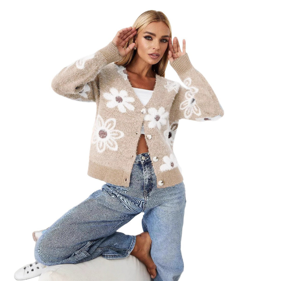 Damen Strickjacke mit floralem Muster und eleganten Knöpfen Drune