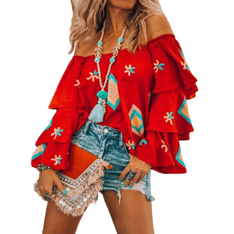 Damen Boho-Top mit Carmenausschnitt, gestuften Volantärmeln und aufwendiger Stickerei Drune