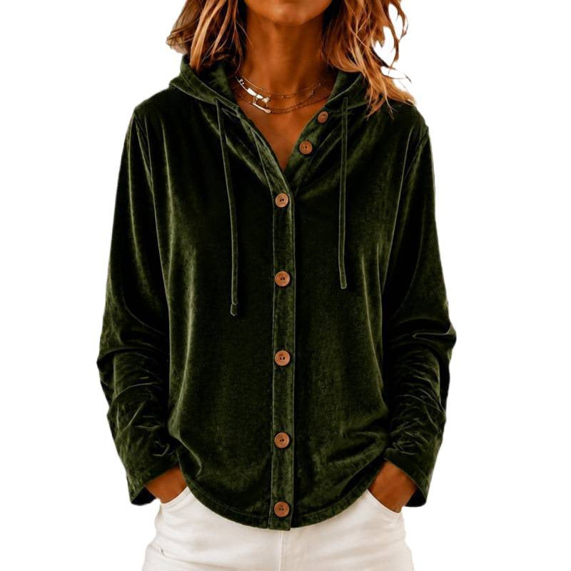 Damen Velours-Hemdjacke mit Kapuze und Knopfleiste Drune