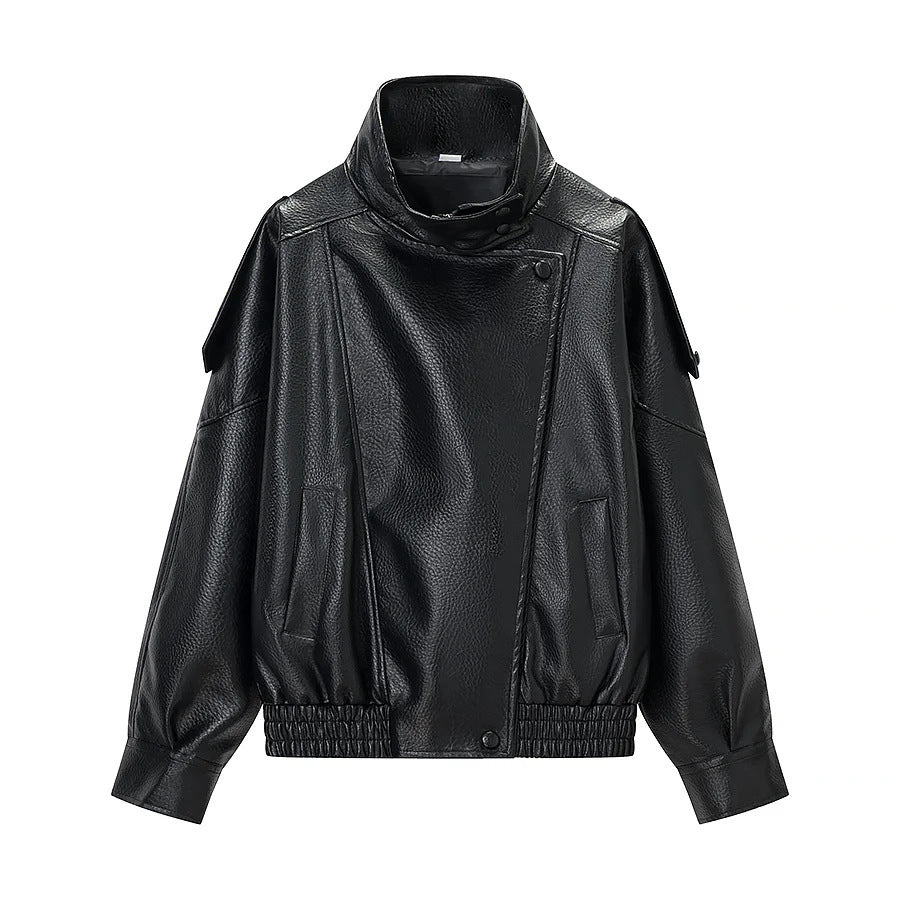 Damen nan oversized Kunstlederblouson mit hohem Stehkragen, asymmetrischer Druckknopfleiste und elastischem Saum Drune