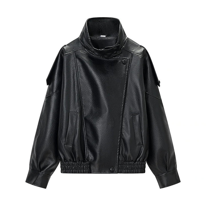Damen nan oversized Kunstlederblouson mit hohem Stehkragen, asymmetrischer Druckknopfleiste und elastischem Saum Drune