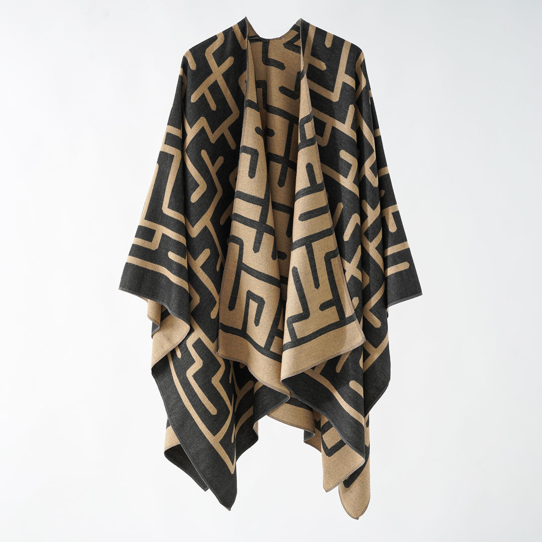 Damen Oversize-Doubleface-Überwurf mit geometrischem Jacquard und offener Front Drune