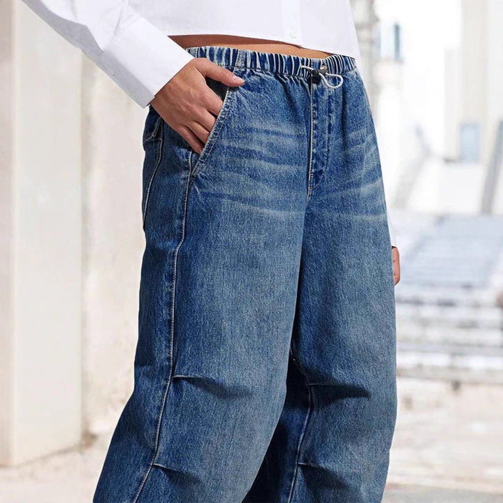 Damen weite High-Waist Denim-Hose mit elastischem Bund Drune