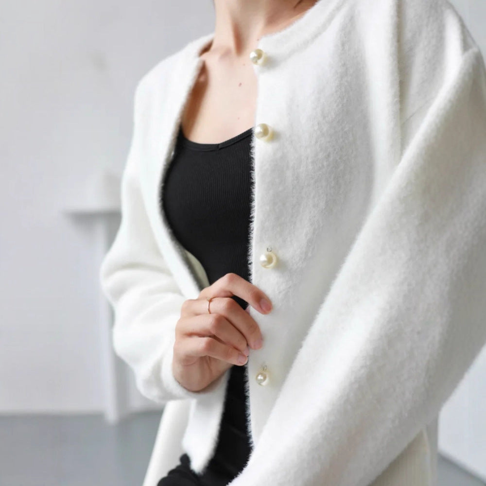 Damen Flauschiger Langarm Cardigan mit Perlenknöpfen Drune