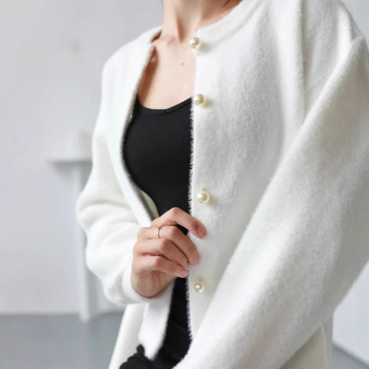 Damen Flauschiger Langarm Cardigan mit Perlenknöpfen Drune