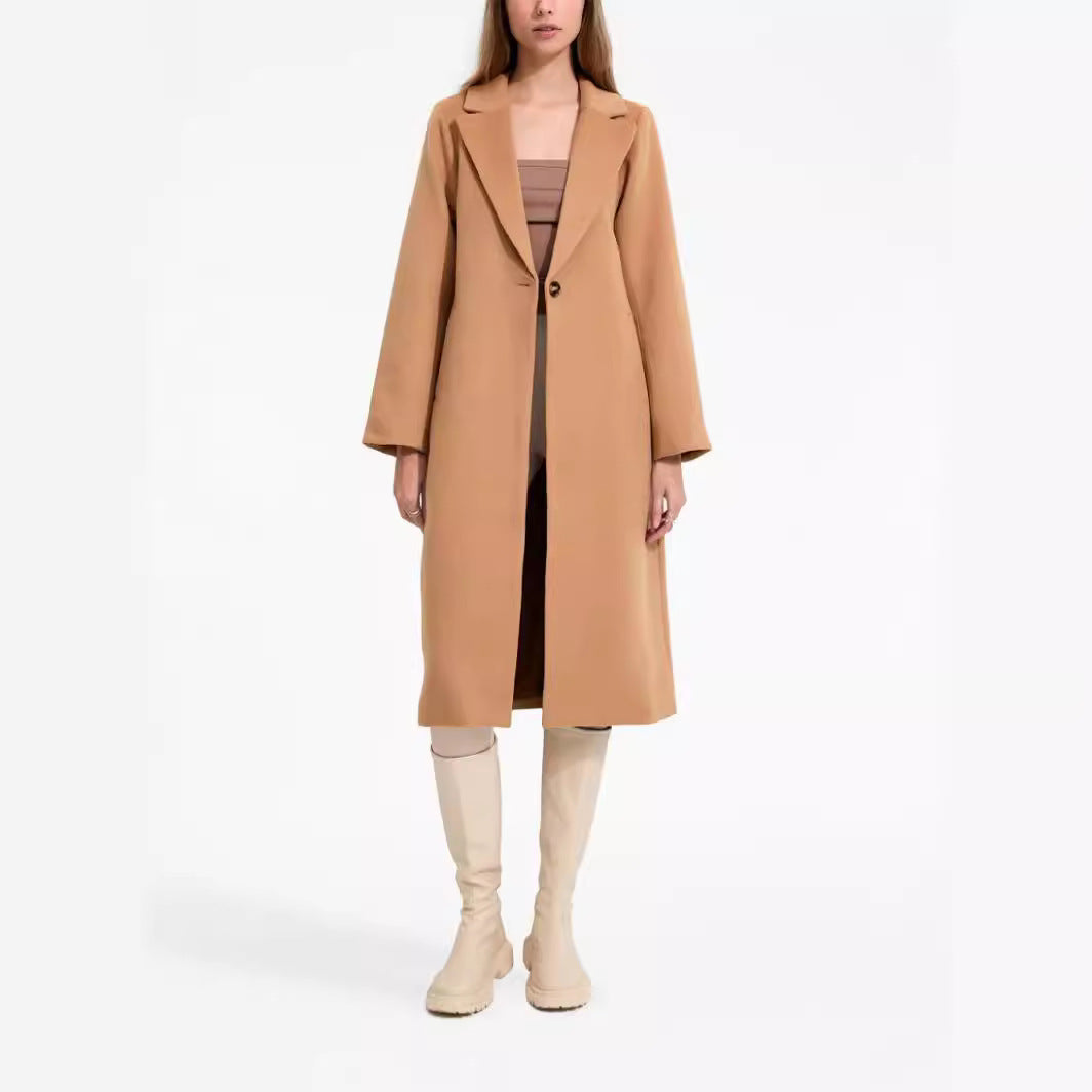Damen Midilanger Einreihiger Wollmix-Mantel mit minimalistischem Schalkragen Drune