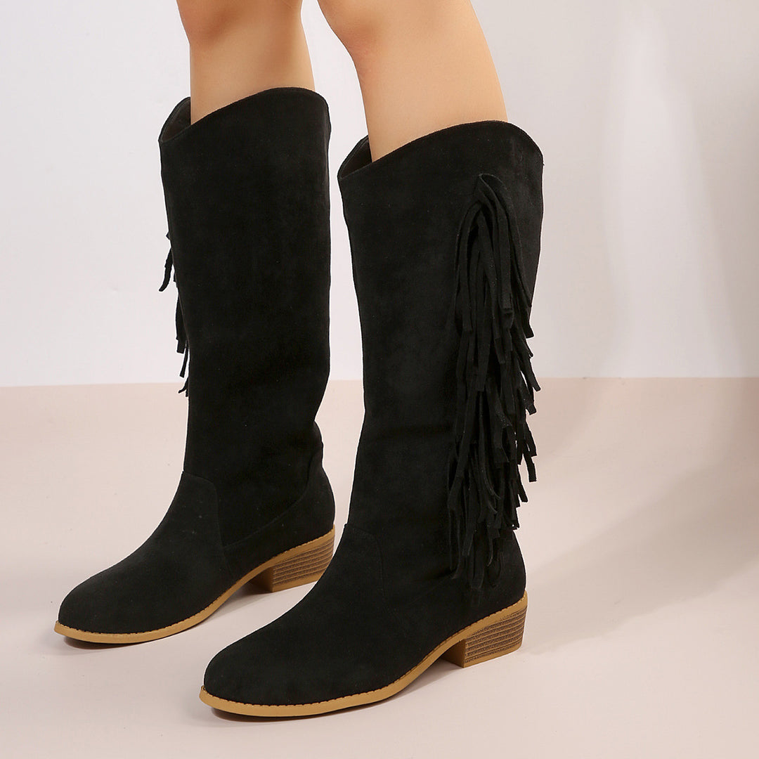 Damen knielange Wildlederimitat-Stiefel mit langen Fransen, mittlerem Blockabsatz und gepolstertem Komfortfußbett Drune