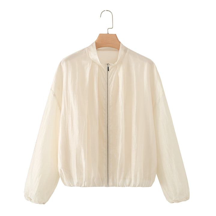 Damen Transparente Leichte Sommer-Blousonjacke mit Stehkragen und elastischem Saum Drune