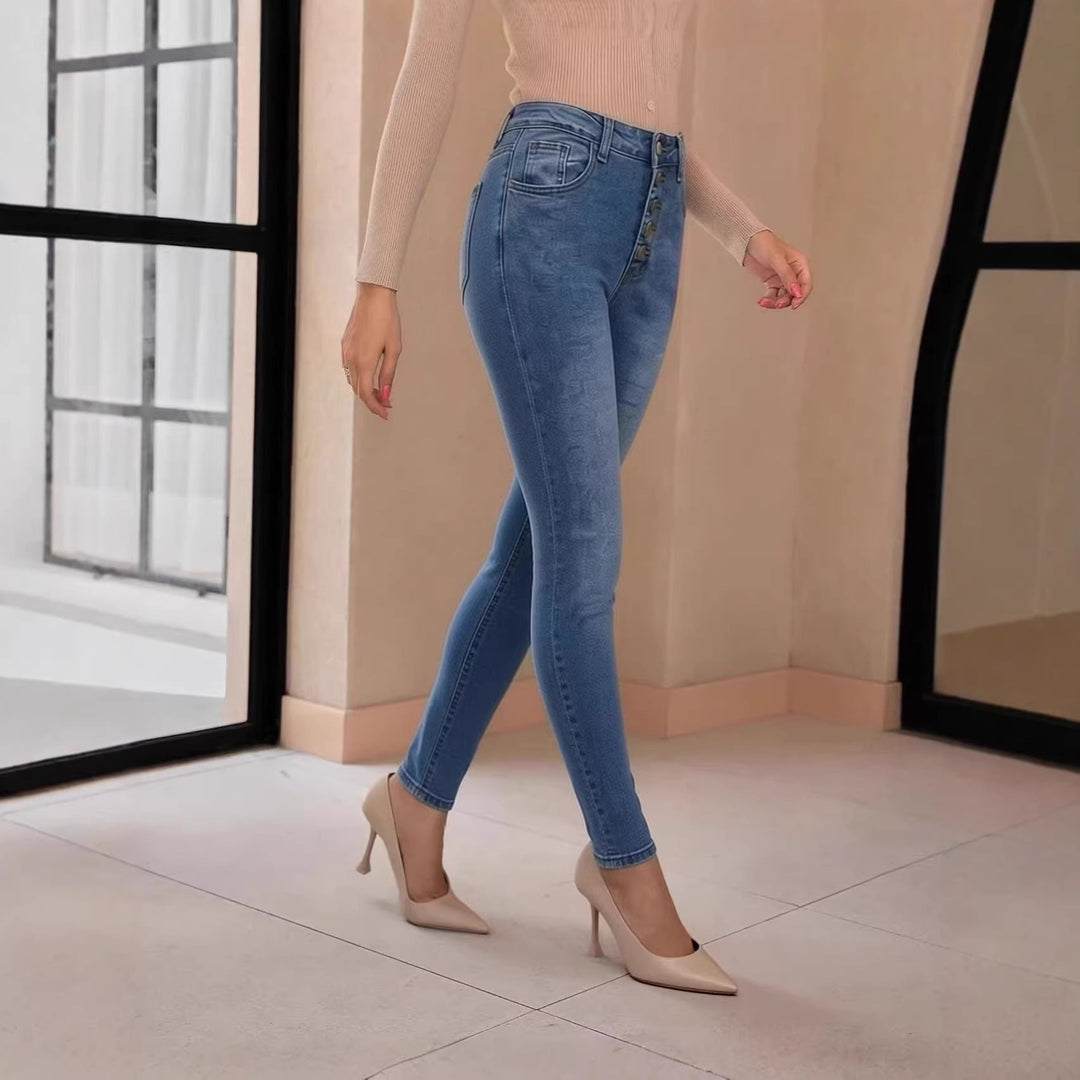 Damen Slim-Fit Jeans mit eleganter Knopfleiste und hohem Bund Drune