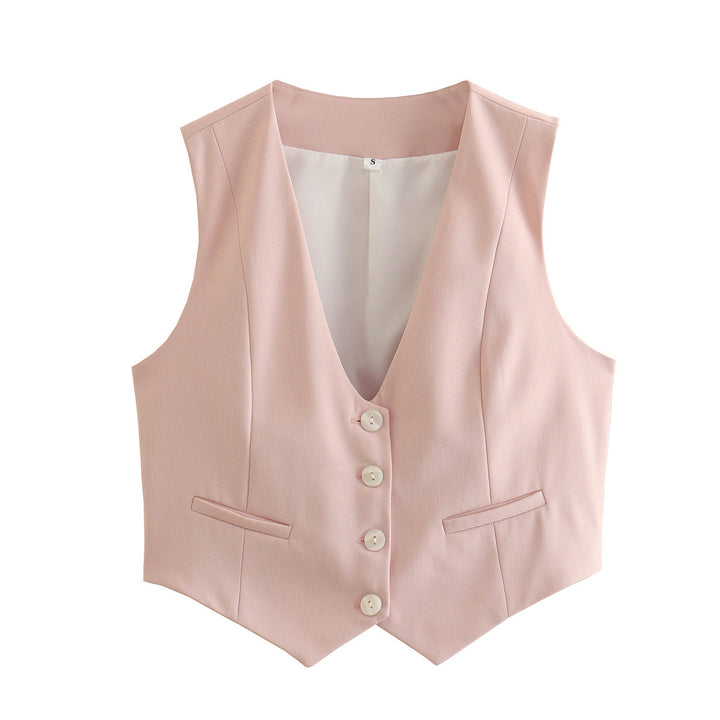 Damen nan elegante taillierte Business-Weste mit spitzem Saum, V-Ausschnitt und Leistentaschen Drune