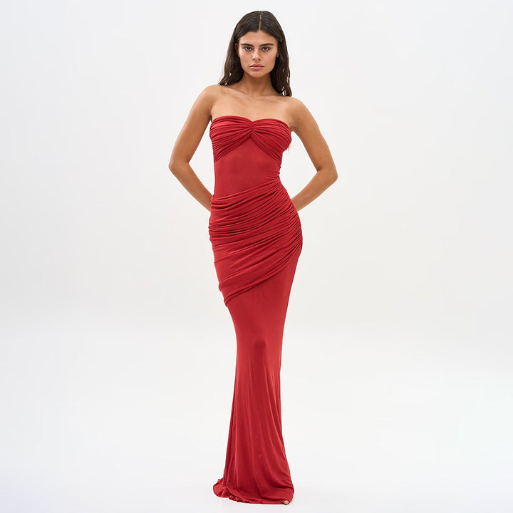 Damen Elegantes trägerloses Maxikleid mit raffiniertem Drapé und transparenten Einsätzen Drune