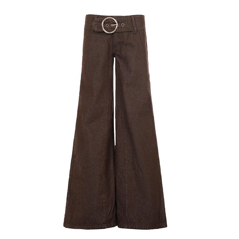 Damen High‑Waist Schlaghose aus beschichtetem Denim mit weitem Bein und Statement‑Gürtel Drune