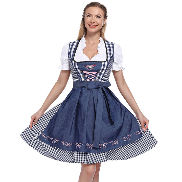 Damen nan klassisches Trachten-Dirndlkleid mit geschnürtem Mieder, herzbestickter Schürze und Vichy-Karo Rock Drune