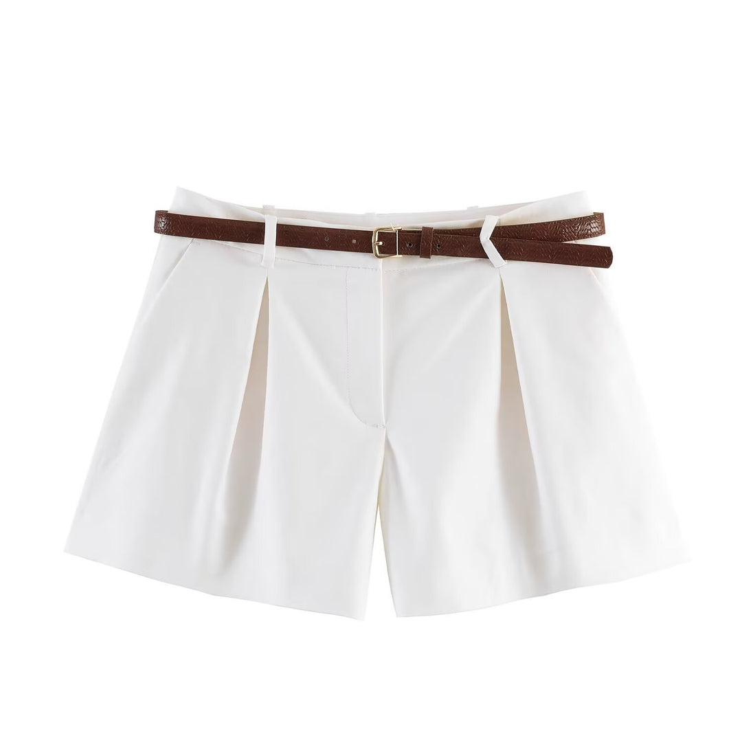 Damen klassische Shorts mit eleganten Falten und Gürtel Drune