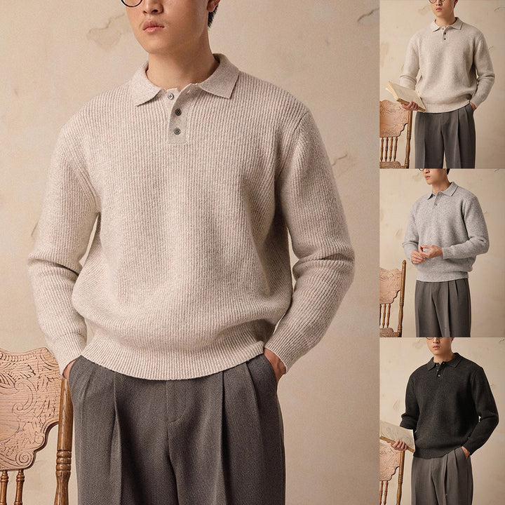 Herren Modisches Rippstrick Pullover mit Polokragen Drune