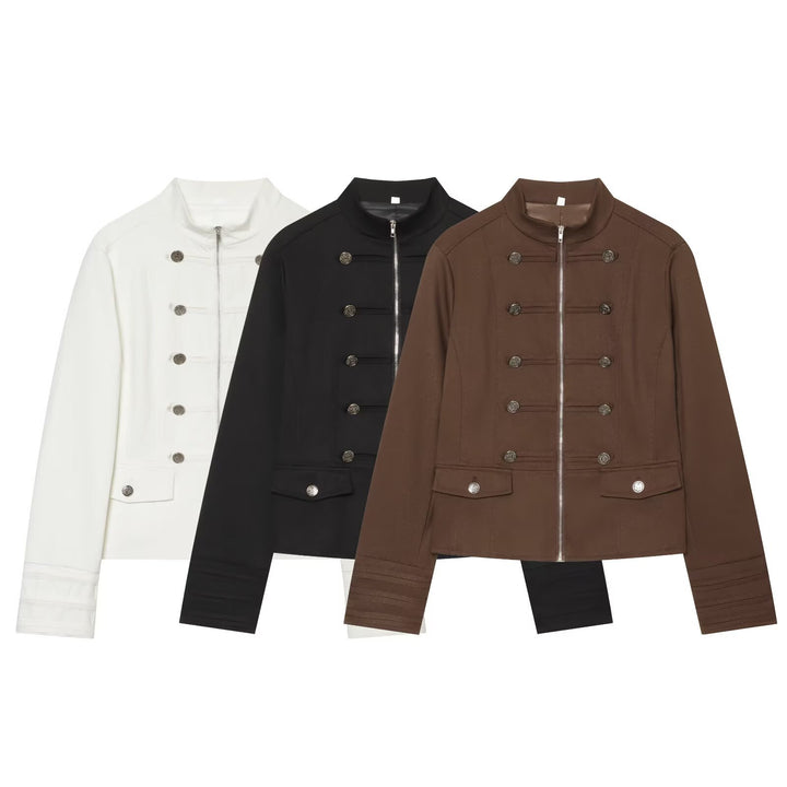 Damen Militärinspirierte Kurzjacke mit Stehkragen und Zierknöpfen Drune