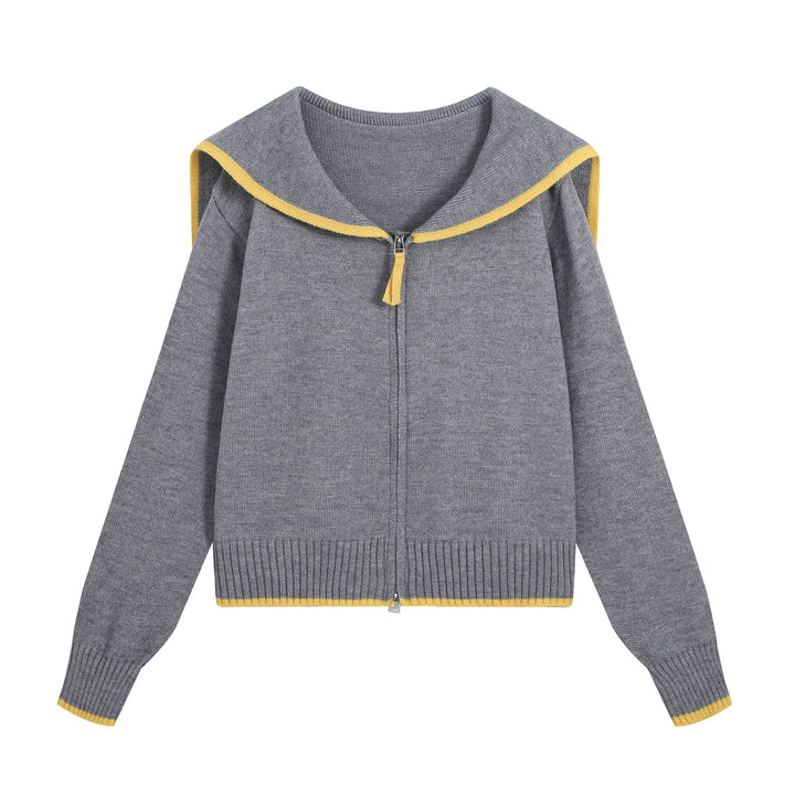 Damen Strick-Cardigan mit Matrosenkragen und Kontrastkanten Drune