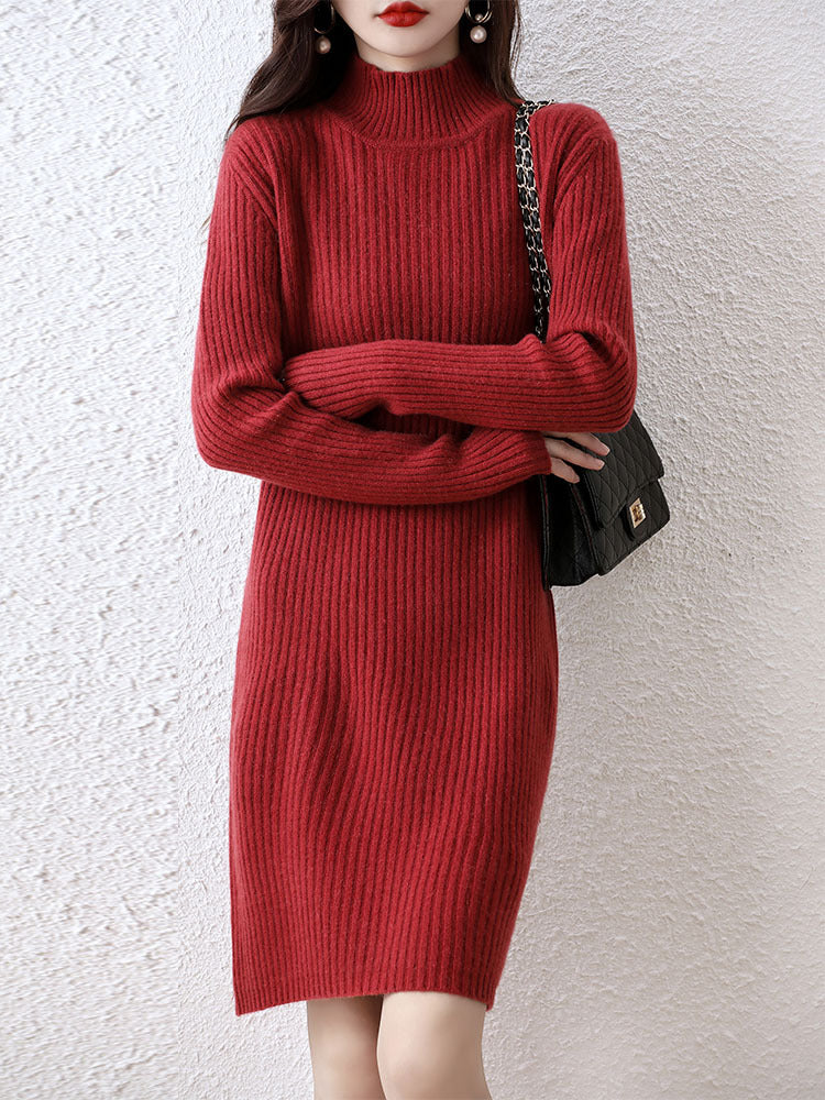 Damen Strickkleid im eleganten Rippdesign mit hohem Kragen Drune