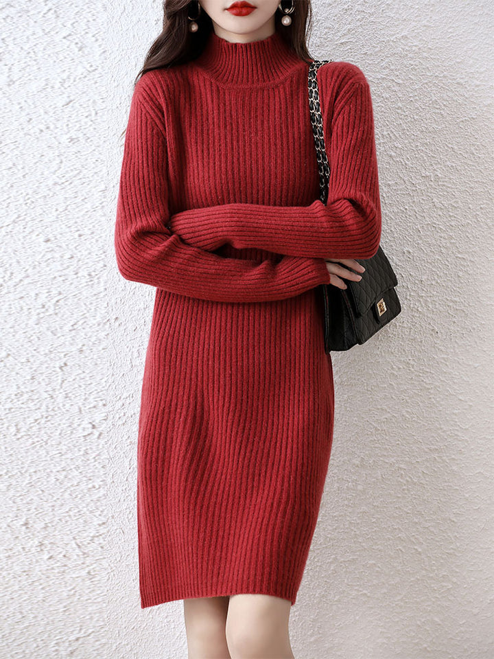Damen Strickkleid im eleganten Rippdesign mit hohem Kragen Drune