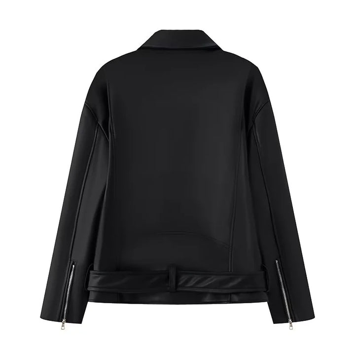 Damen nan asymmetrische Bikerjacke aus veganem Lederimitat mit Schulterklappen, mehreren Reißverschlusstaschen und taillierbarem Gürtel Drune