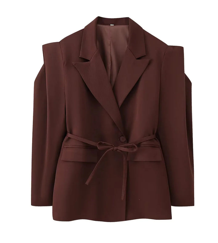 Damen elegante Blazerjacke mit tailliertem Schnitt und Bindegürtel Drune