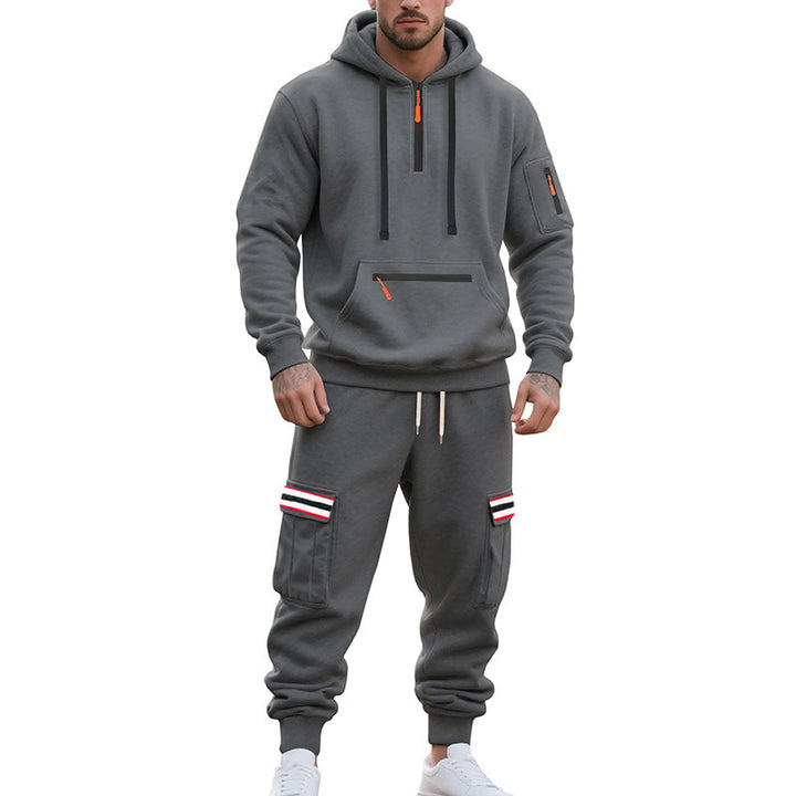 Herren nan Cargo-Hoodie- und Jogginghose-Set mit Halbzip, Reißverschluss-Kängurutasche und elastischem Tunnelzugbund Drune