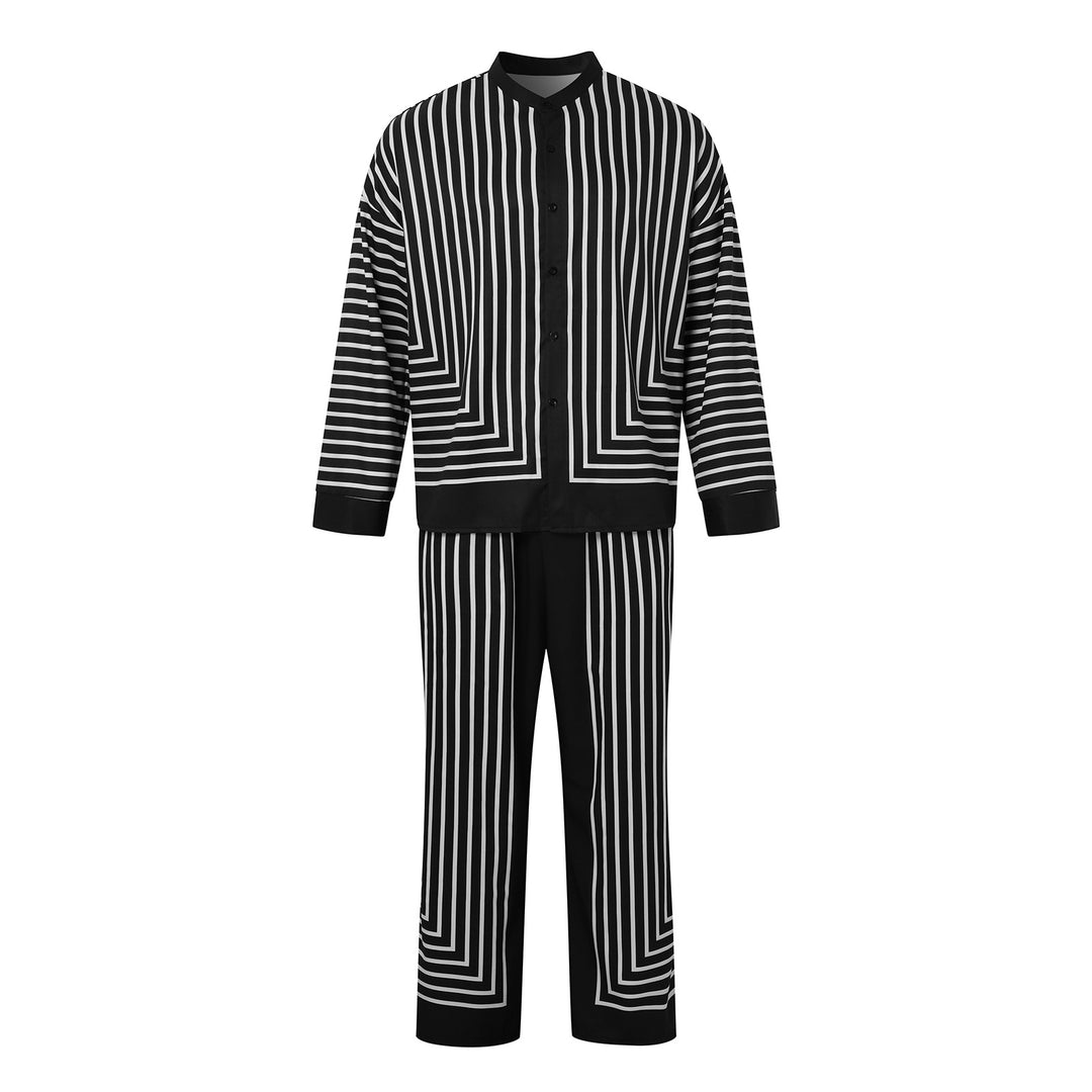 Damen nan gestreiftes Lounge-Zweiteiler mit Stehkragen knöpfbarer Hemdjacke und gerader Pyjamahose Drune