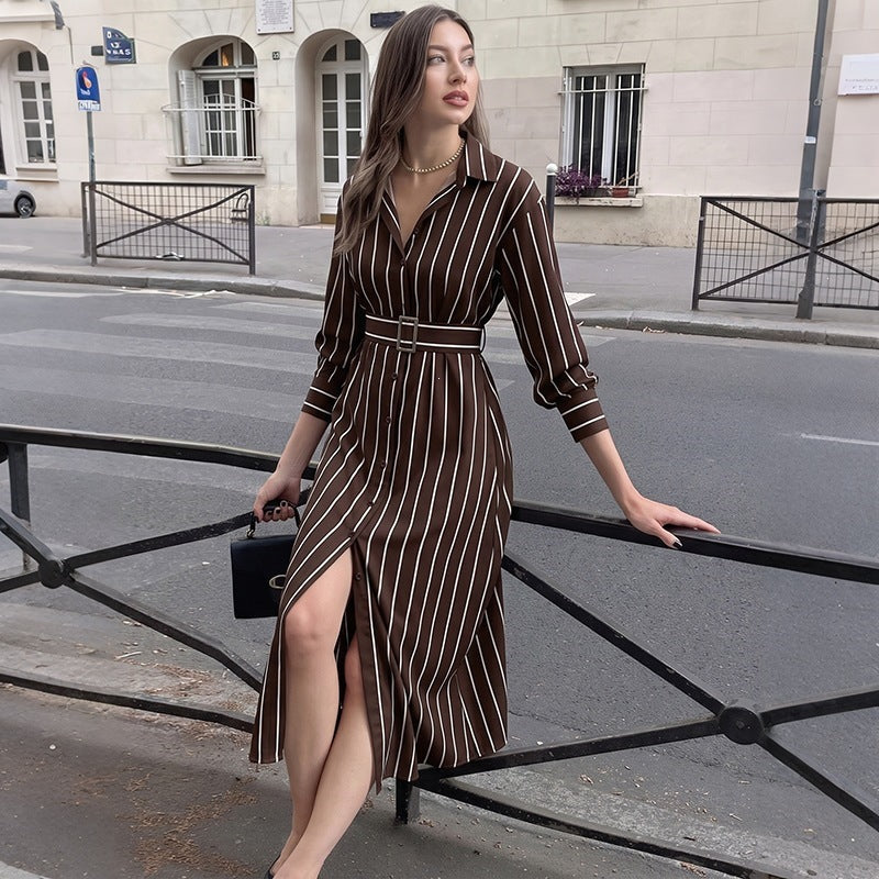 Damen Hemdblusenkleid mit Taillengürtel und vertikalem Nadelstreifen Drune